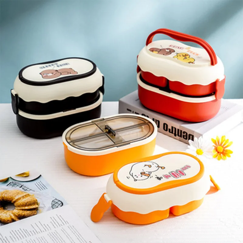

The New Ins Plastic Lunch Box Cartoon Double-Layer Compartment Student Lunch Box Portable Large-Capacity Microwaveable Lunch Box
