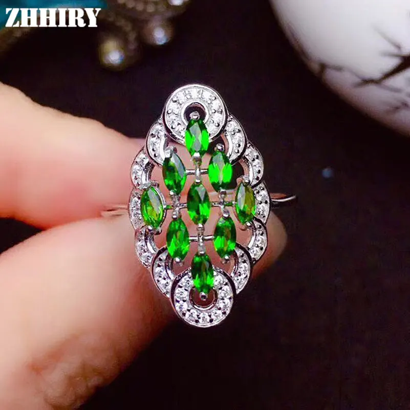 

ZHHIRY Genuine Natural Diopside 925 Sterling Silver Ring For Women Real Gemstone Rings Flower Shape Fine Jewelry