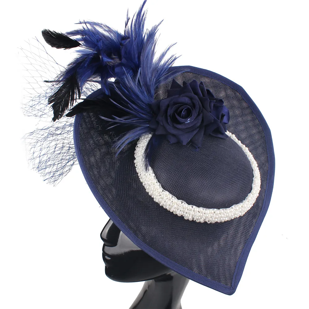 

Imitation Sinamay Navy Headpiece Vintage Fascinator Hats Women Fashion Wedding Cocktail Race Derby Big Chaprau Cap Headbands