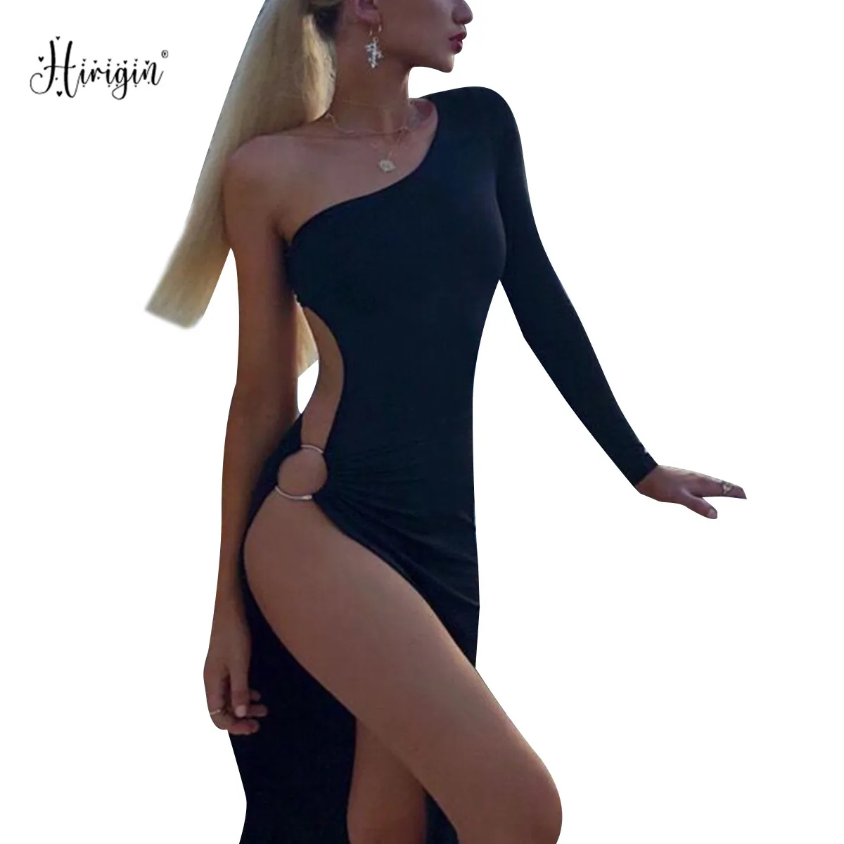 Hirigin сексуальное женское платье на одно плечо с длинным рукавом боковыми