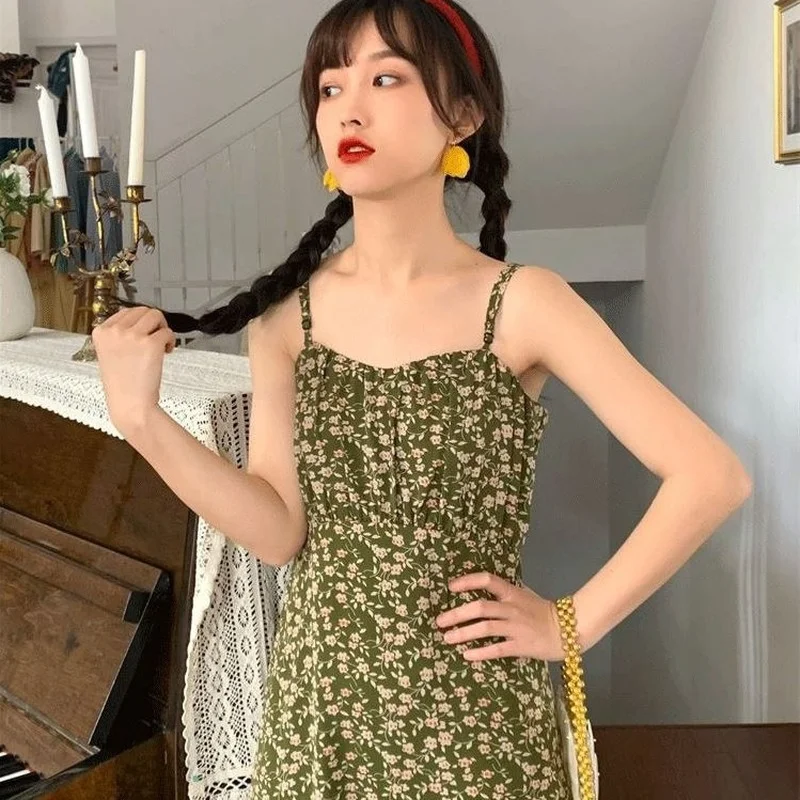 

Sleeveless Dress Women Elegant Tender High Street Simple Party Spaghetti Strap Ruffles Vintage Summer Print Temperament Vestidos