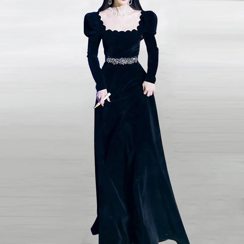 Женское длинное бархатное платье модельное высокого качества с длинным рукавом