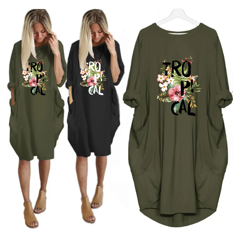 

Flower Letter Vintage Dress Women Long Sleeve o Neck Pocket Beach Autumn Dress Solid Color Vestidos Robes