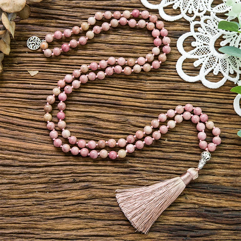 

8mm Natural Rhodochrosite Knotted 108 Beads Japa Mala Necklace Meditation Yoga Blessing Health Jewelry Women Charm Pendant