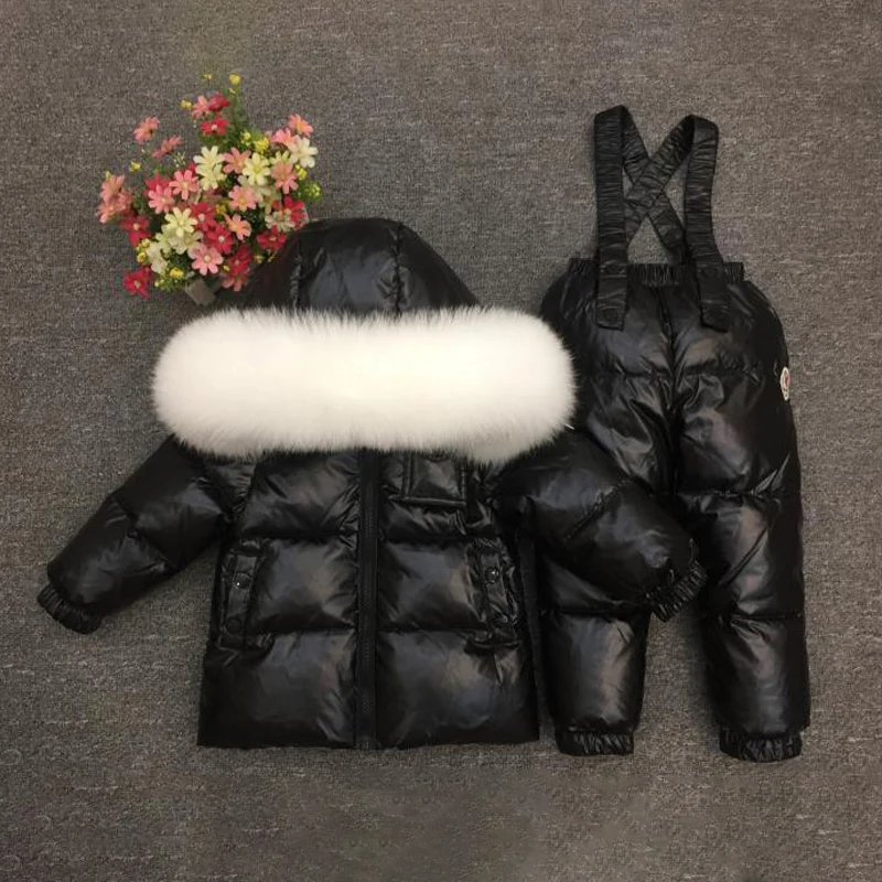 White Fox Black Детский зимний костюм для девочек, теплый пуховик с мехом для мальчиков, зимние спортивные комплекты одежды с натуральным мехом, ветрозащитная детская одежда - Цвет: White Fox Black
