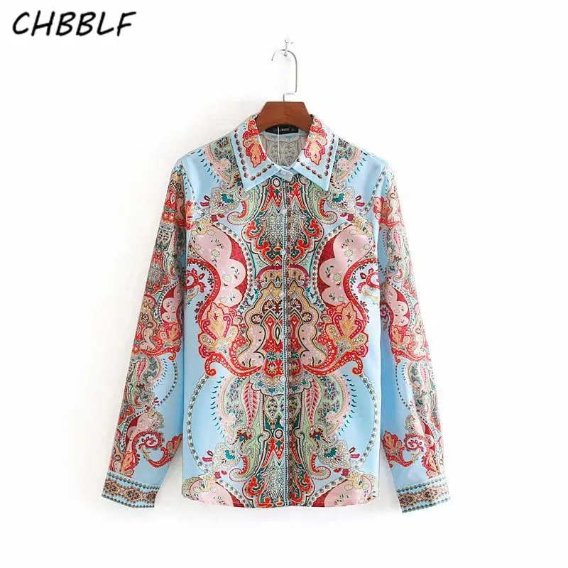 

CHBBLF women stylish fresh retro tops turn down collar long sleeve printing casual loose Comfortable fabrics blouse DFP8607