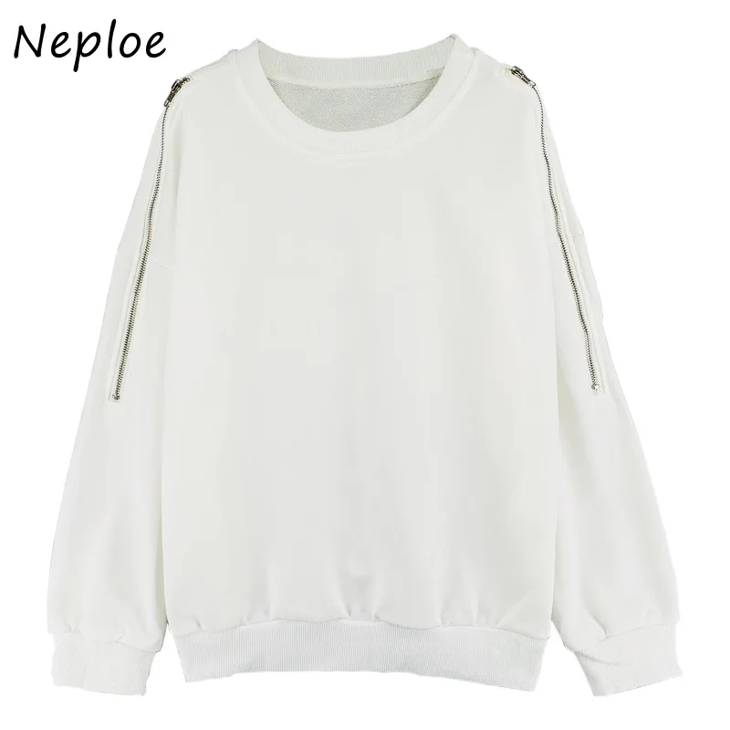 

Neploe Sexy Shoulder Strapless Zip Loose Korean Hoody 2021 New Autumn Long Sleeve Sweatshirt O-neck Solid Color Hoodies Women