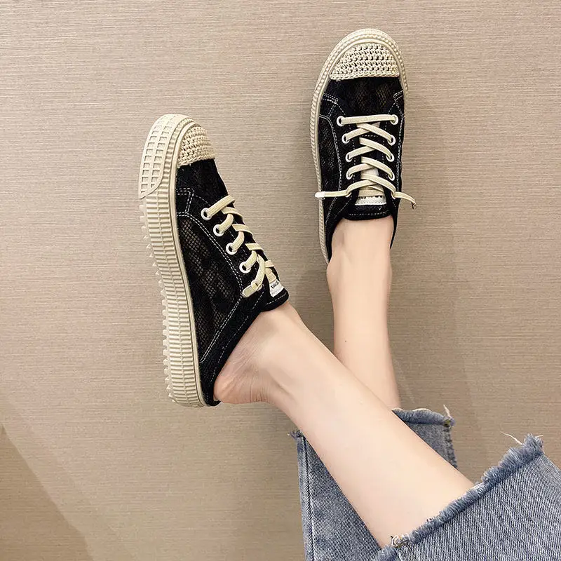 

2021 Summer New Women's Sports Shoes Fashion Women's Sneakers Casual Cutouts Lace Canvas Shoes Hollow Breathable Platform Shoes