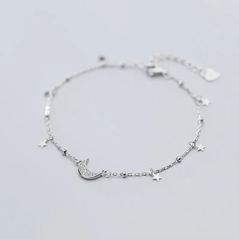 

S925 Silver Bracelet Adjustable Chain Anklets Original Pure 925 Silver Jewelry Sets Star Moon Pendant Diamond Jewelry Girl Gifts