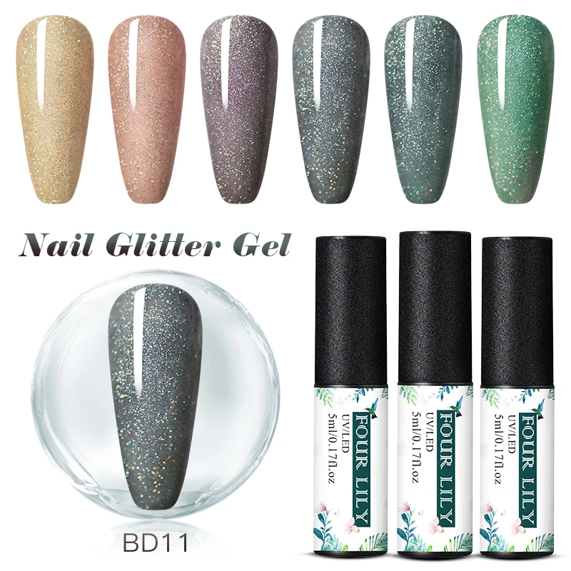 

Four Lily Nail Polish Gel 5ml Rainbow Glitter Varnishes Soak Off UV LED Shiny Sequin Lacquers Shimmer Laser Bling Gel Nails Art
