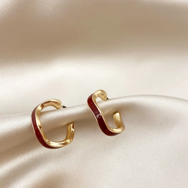 Винтажные винно красные глазурованные геометрические серьги кольца в форме с