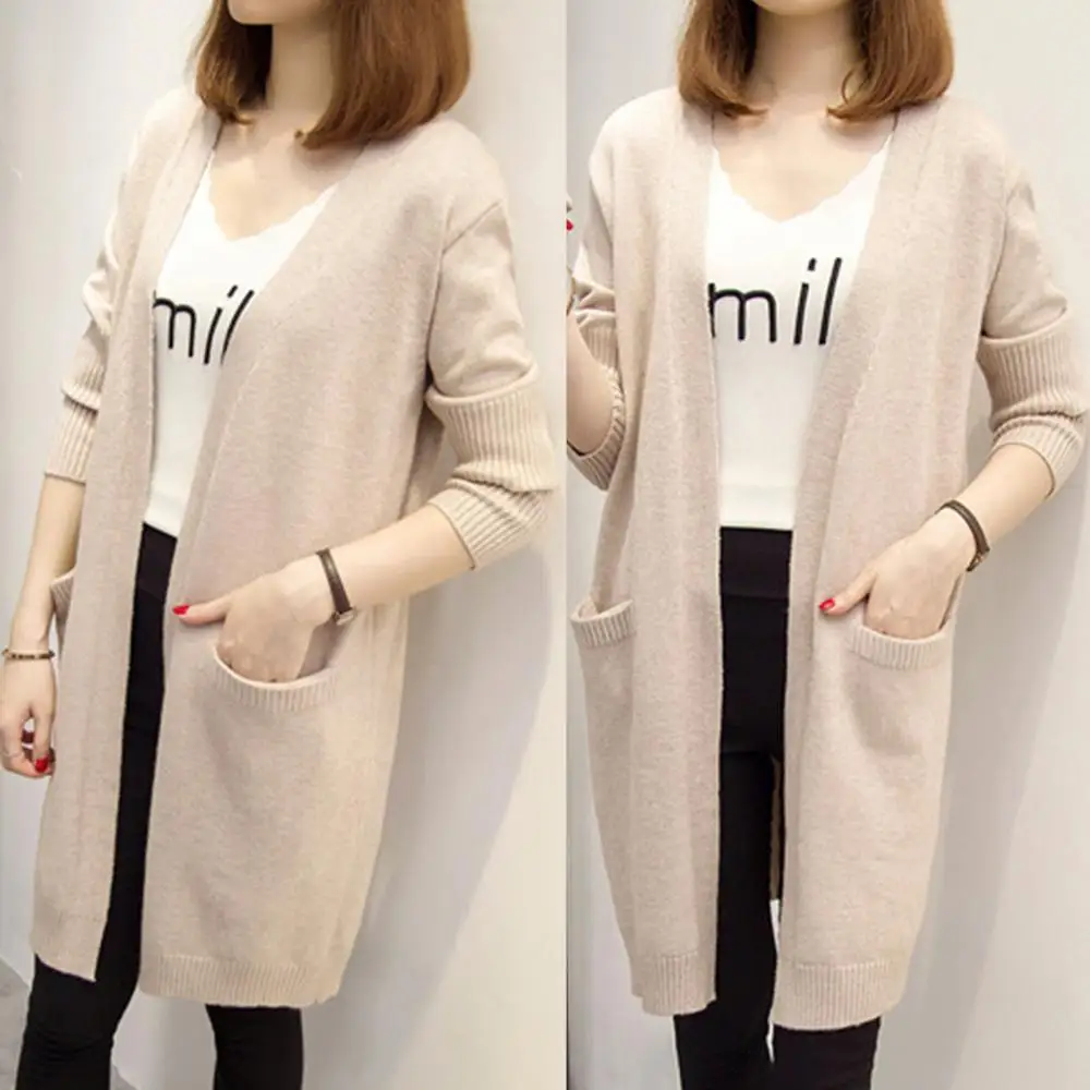 Женский кардиган с длинными рукавами и карманами осенне-зимний плотный вязаный