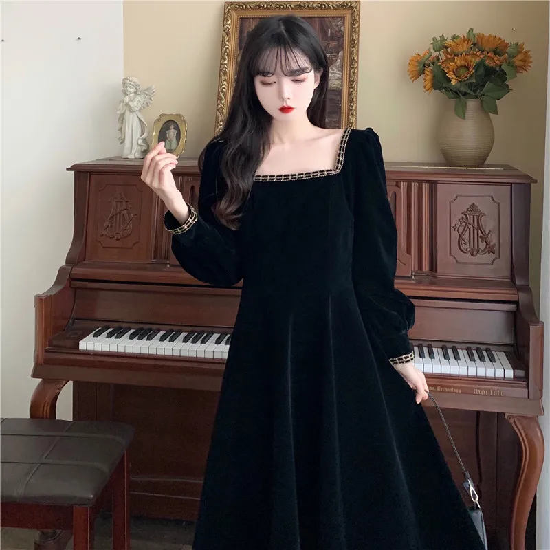 

Черное вечернее платье с длинным рукавом, большие размеры, корейская мода, кавайные Женские Элегантные платья, осень 2021, одежда