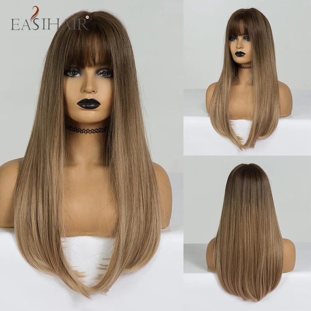 Длинные прямые синтетические парики с челкой смешанные белые из натуральных