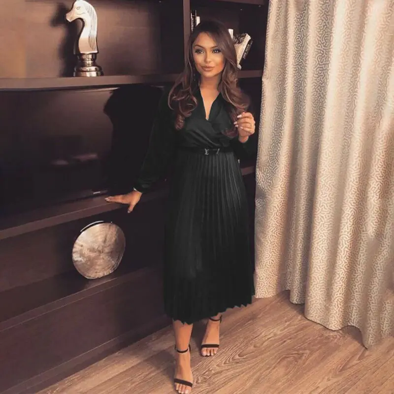 Женское платье с длинным рукавом v-образным вырезом однотонное плиссированное