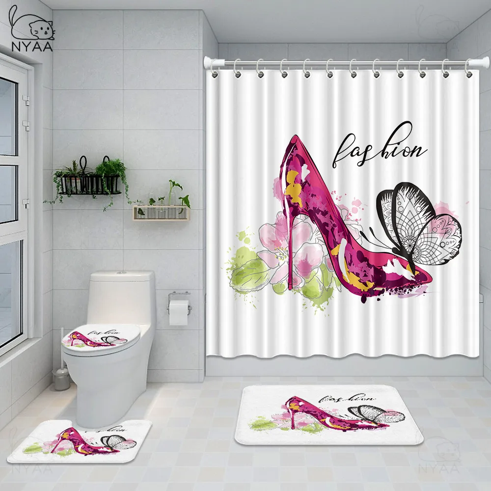 Beste Zwart Douchegordijn Roze Hoge Hakken Badkamer Gordijnen Met Haken Antislip Tapijten Wc Deksel Cover Mat Tapijt Set Home Decor