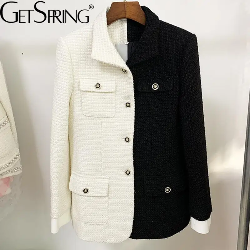 

Getspring Women tweed Coat Black White Color Matching Vintage Winter Jacket Coats Plus Size Casual Tweed Overcoat 2021 Fashion