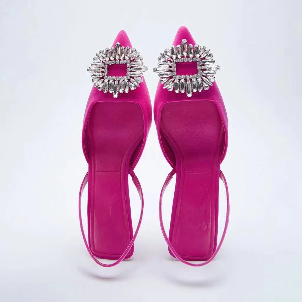 

Shoes Pink Slides Woman's Slippers Low 2021 TPR PU Rome Slingbacks Hoof Heels Fabric Basic Shoes Pink Slides Low Woman's Slipper