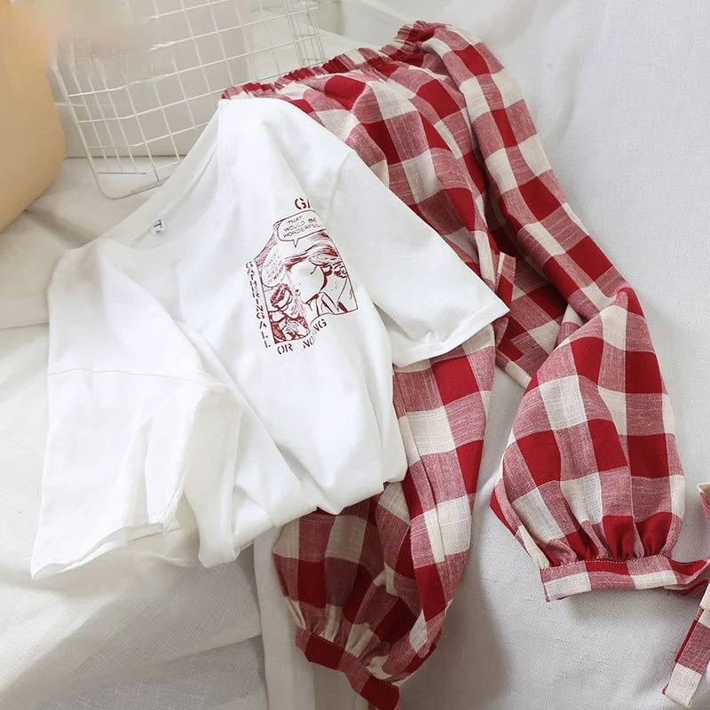 Костюм в клетку с брюками Женский студенческий корейский Свободный Топ коротким