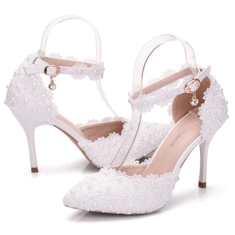 

Women Shoes High Heels Pumps Buckle Strap Hollow Lace Pointed Toe Thin Heels 9.5CM Woman White Wedding Shoes Office Lady Dress