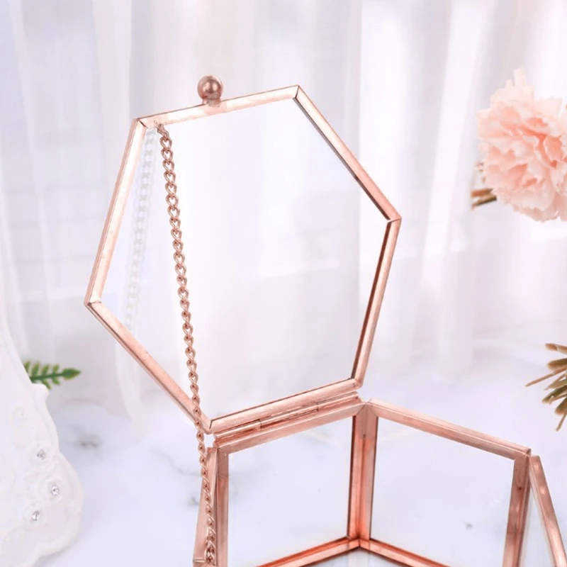 Hexagon Transparent Rose Gold Glass Ring Box Wedding Geometric Clear Jewelry Organizer TabletopHolder | Украшения и аксессуары