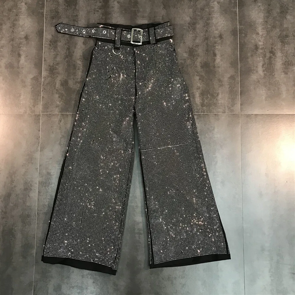 

Новые блестящие женские брюки с широкими штанинами с поясом коллекция 2020 года, индивидуальные Брюки-Капри в стиле ампир со стразами и штани...