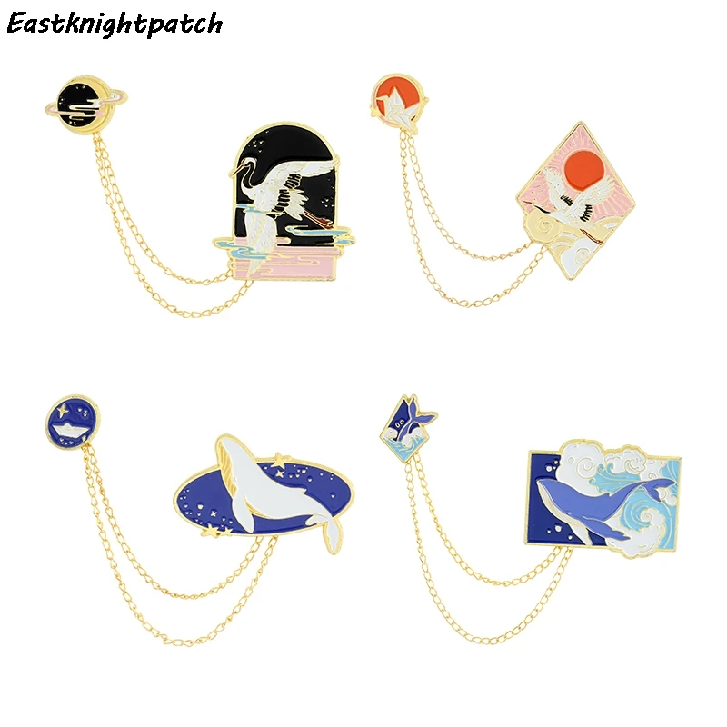 

12pcs/lot E3211 Whale Wild Goose Metal Brooch With Chain Pin Badge Cartoon Badges Icon on The Backpack Pins for Clothing Jewelry
