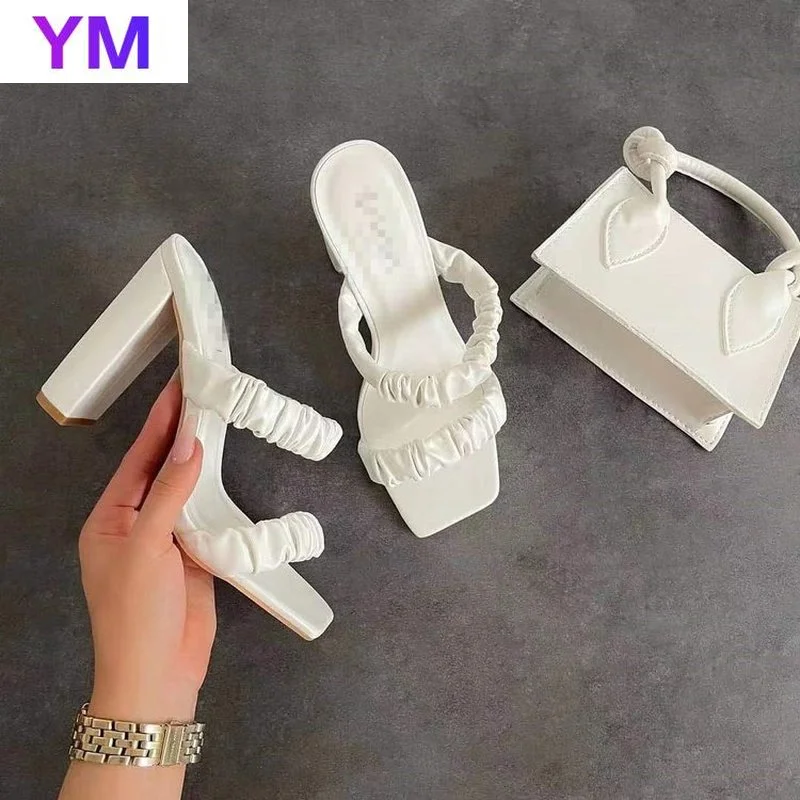 

Sexy 2021 Designer Fashion Pleated Female Sandals Open Toe High Square Heels Lady Pumps Dress Party Shoes Women Summer Slides 43