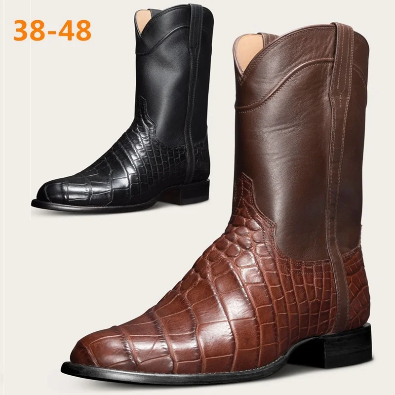 

Plus Size Men Retro Mid Calf Western Cowboy Boots Mens Motorcycle Boots Male Autumn Outdoor Leather Fashion High Cylinder Shoes