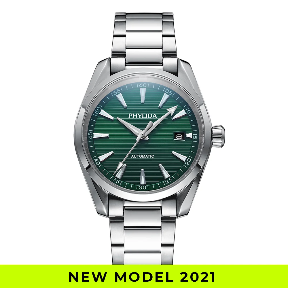 

PHYLIDA 2021 New Aqua Automatic Watch Solid SS Sapphire Crystal NH35A Mechanical Wristwatch 100WR Diver