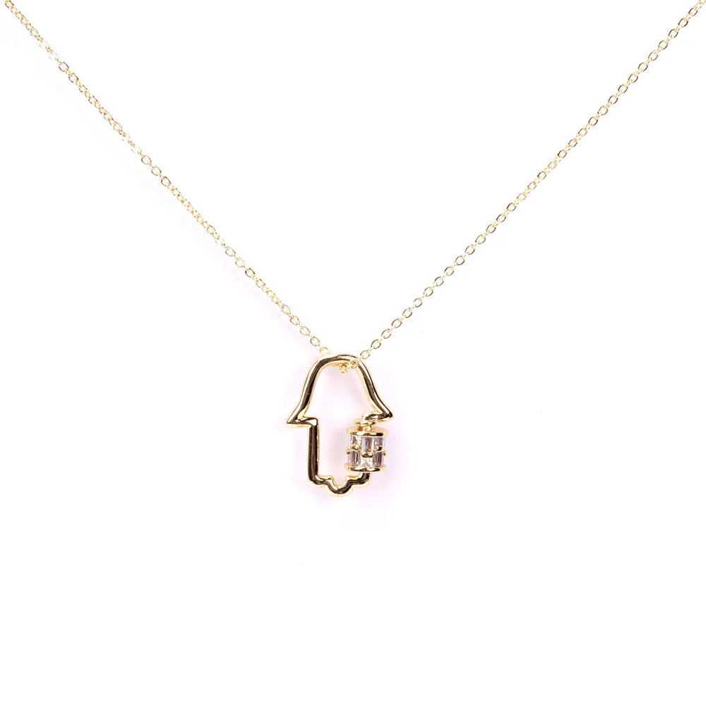 

Retro Copper Gold Plated O Chain Insert Zircon Hollow Out Hamsa Hand Charm Luck Necklace Fatima Pendant Long Choker Jewelry Gift