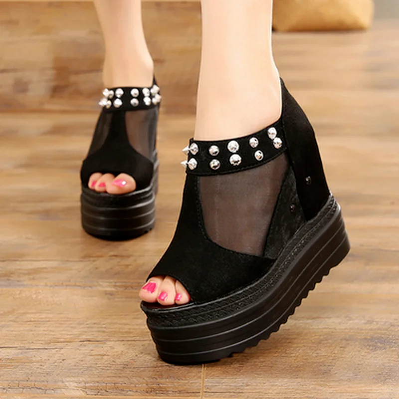 

XJRHXJR 2021 Summer Elegant Mesh Sandals Peep Toe 12cm Height Increasing Shoes Woman Punk Rivets High Heels Platform Sandals