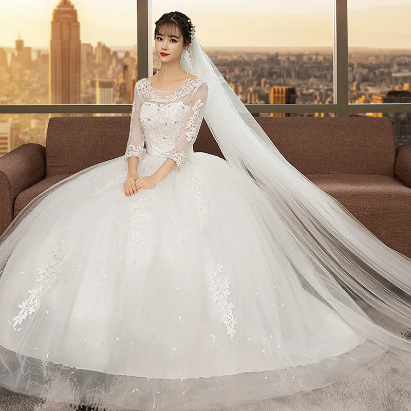 

Gorgeous Appliques Chapel Train Lace A-Line Wedding Dresses 2019 Sexy Scoop Neck Long Sleeve Vintage Bride Gown Vestido de Noiva