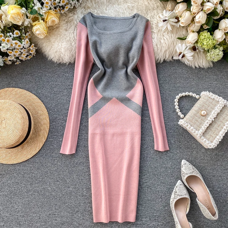 Элегантное платье миди для женщин с длинным рукавом в стиле пэчворк облегающие