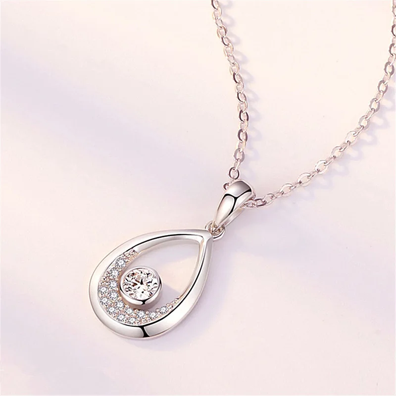 

Luxury Female Water Drop Pendant Necklace Rose Gold Silver Color Chain Necklace Cute Round Zircon Wedding Necklace For Women