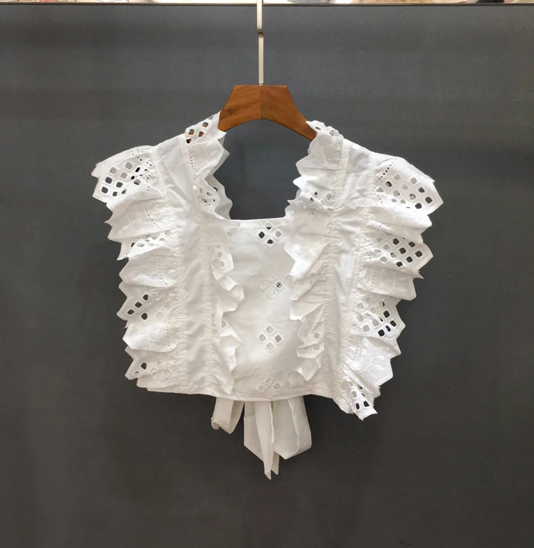 Лето 2019 короткий рукав-лепесток на шнуровке Открытый Топ длинные штаны белый