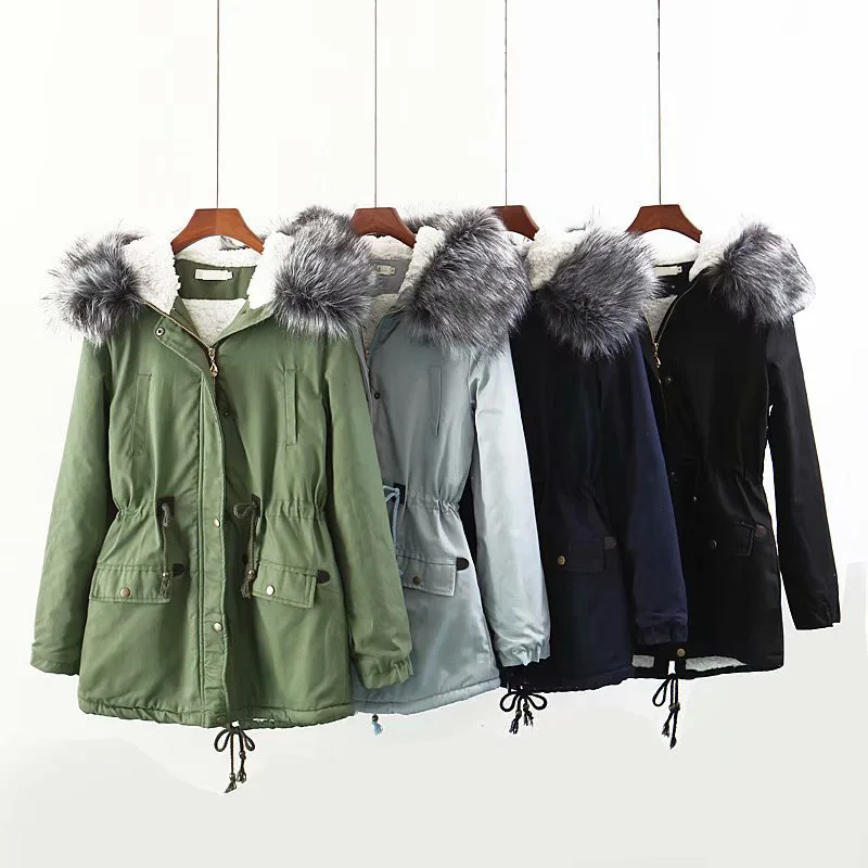 

Winter Women Parkas Solid Thick Warm Lambswool Coat Female New Hooded Jacket 2019 Big Fur Collar Plus Size Loose Outerwear
