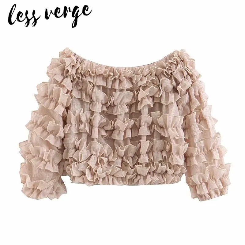 Lessverge с открытыми плечами рюшами Элегантная блузка Футболка для женщин короткий