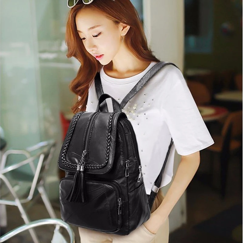 

2020 Women's Genuine leather backpack School bag classic black waterproof travel multi-function Shoulder bag