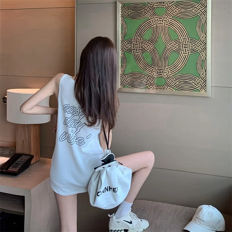 

Retro Hong Kong Style Elegant White Jersey Vest Women's Summer 2021 New Chic Mid-Length Western Style Sleeveless Top