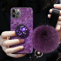 luxury diamond epoxy hair fur ball lanyard bracket gltter case for iphone 12 11 pro xs max xr x 7 8 6 bling crystal holder cover