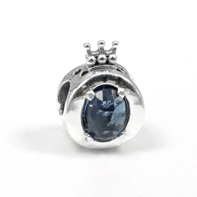 

Genuine 925 Sterling Silver Bead Blue Crystals Sparkling Crown O Charm Fit pan Women Bracelet & Necklace Diy Jewelry