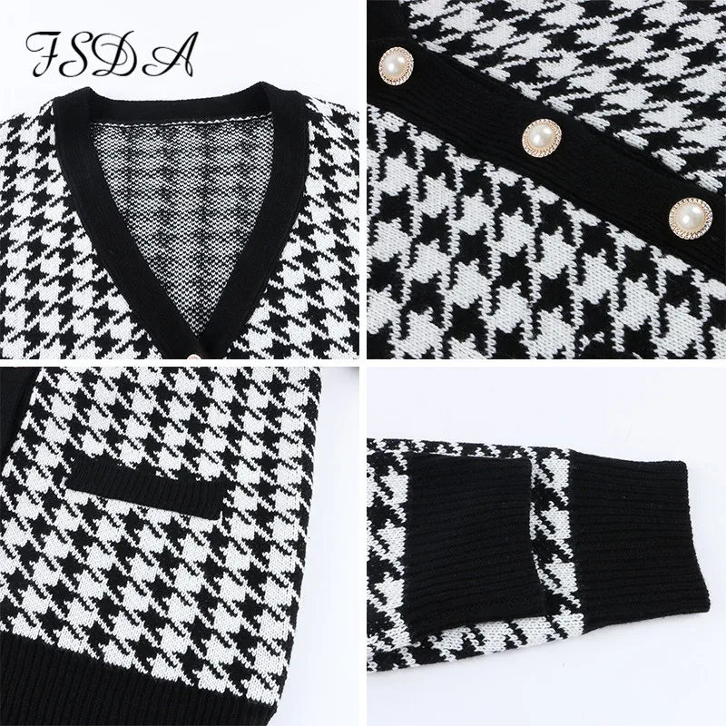 

V Neck Women Button Black Houndstooth Cardigan 2020 Long Sleeve Sweater Autumn Winter Knitted Loose Oversized Jumper Casual