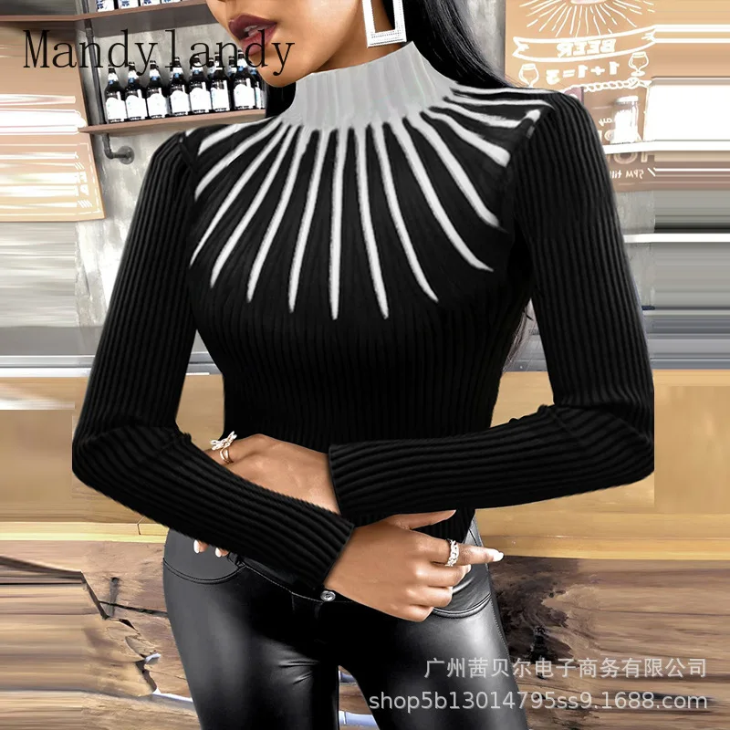 

Mandylandy Sweater Spring Autumn Fashion Long Sleeve Turtleneck Pullover Knitted Sweater Women's Casual Striped Slim Fit Sweater