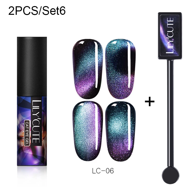 2 PCS 6 LILYCUTE, 5 мл, 9D, Auroras, магнитный гель кошачий глаз, набор, долговечный Блестящий лазер для ногтей, художественный Гель-лак для ногтей, впитывающий УФ-Гель-лак - Цвет: 2 PCS 6