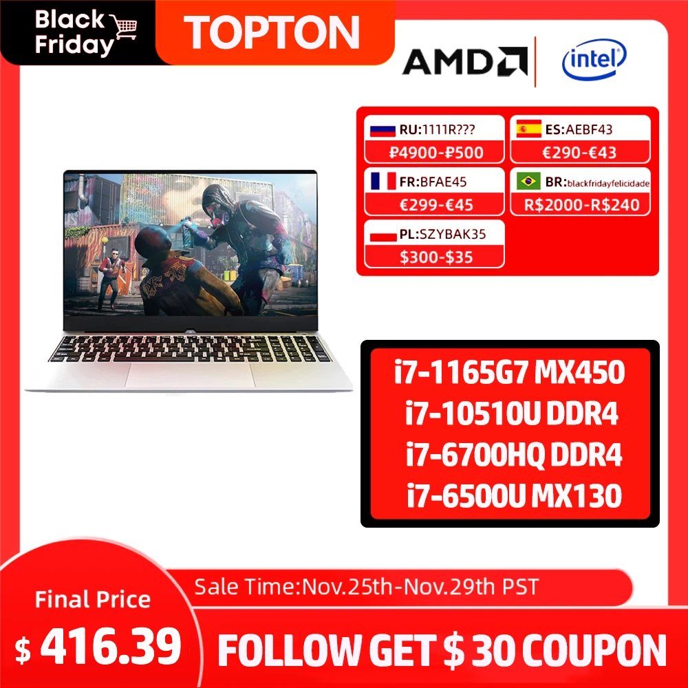 Topton Gaming Laptop 15.6” IPS Screen Display Intel Core i7-1165G7 8557U 4500U Processor Ultraslim Notebook Windows 10 Silver Pc