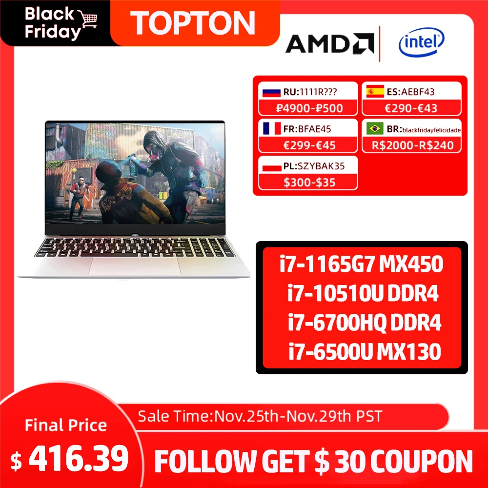 Ноутбук Topton игровой ноутбук 15 6 дюйма IPS экран процессор Intel Core i7-1165G7 8557U 4500U