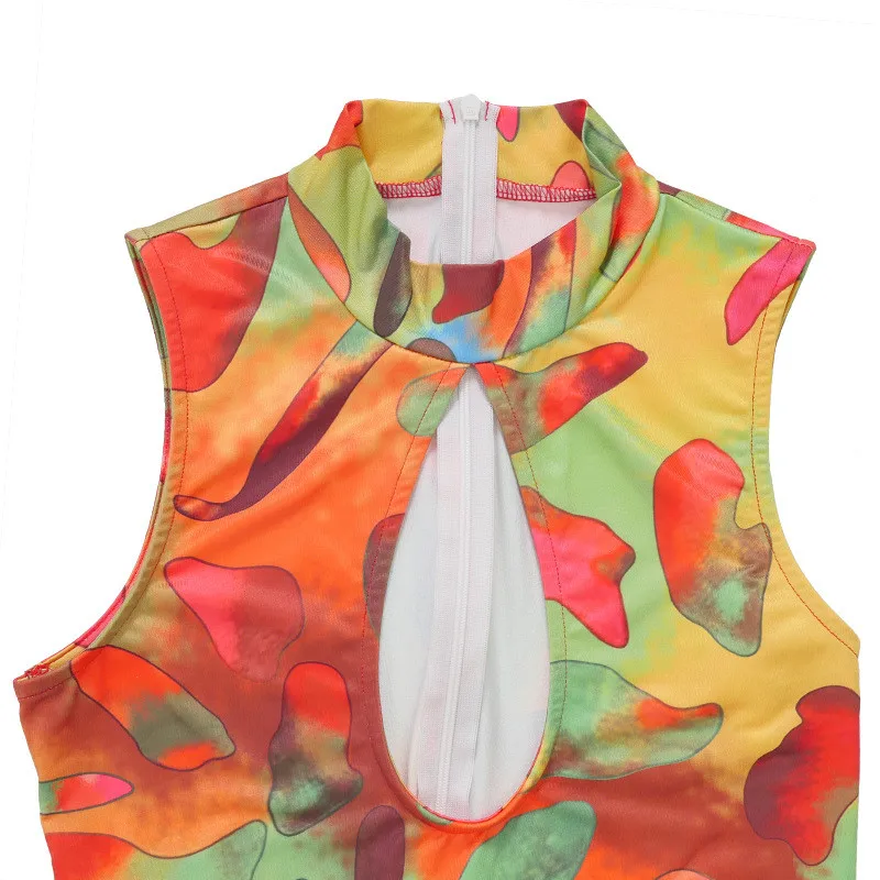 

Sexy Tie-Dyeing Printed Hollow Jumpsuit Women Skinny Rompers New Ladies Halter Sleeveless Summer Club Jumpsuit Shorts Trousers