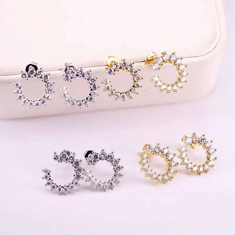 

5Pairs, 15MM Cute CZ Stones Flower Circle Stud Earrings For Women Gold / Silver Color Piercing Jewelry