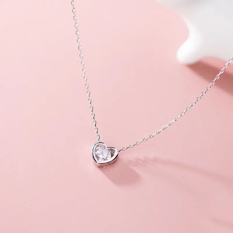 

A00263 Luxury Real 100% Sterling Silver Heart Love Chain Pendant Necklace for Women Mosaic Crystal Zirconia Fine Jewelry